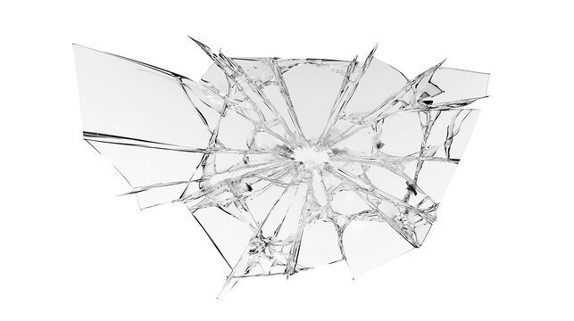 Isolated realistic shattered glass texture with many sharp fragments and radial cracks effect