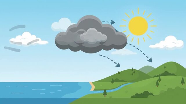 Animated coastal water cycle video showing weather transition.