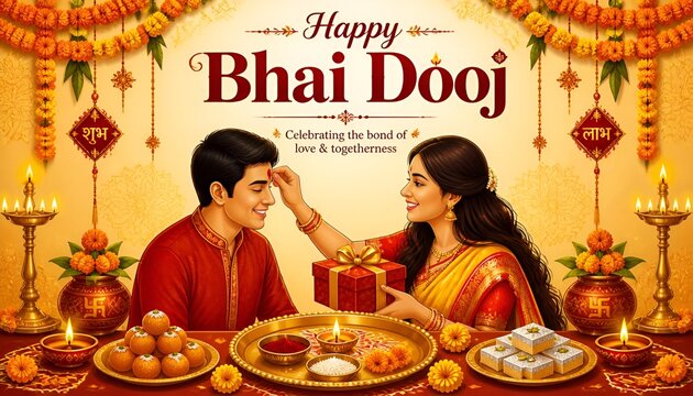 Sister applying tilak on brother s forehead during bhai dooj festival with gifts and diyas