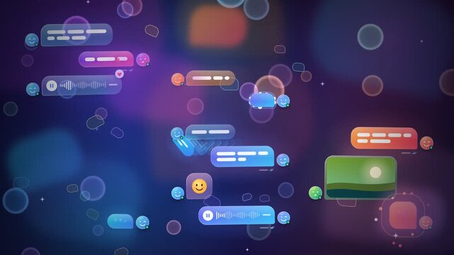 social media chat bubbles and messaging notifications floating on dark background