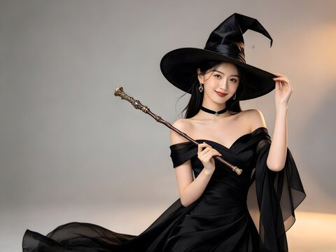 Young asian woman wearing a witch hat and holding a magic wand