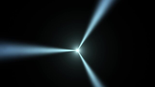 Three cyan blue&nbsp;light rays beams radiating outward and rotating clockwise from center against black background seamless loop animation
