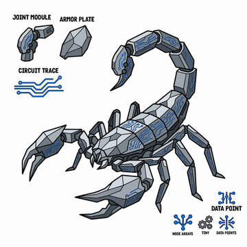 Sci-Fi Scorpion Mech Vector Design with Circuit Patterns and Armor Plates