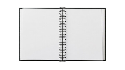Isolated open blank spiral notebook with clean white pages for notes or drawing space. © Niamh