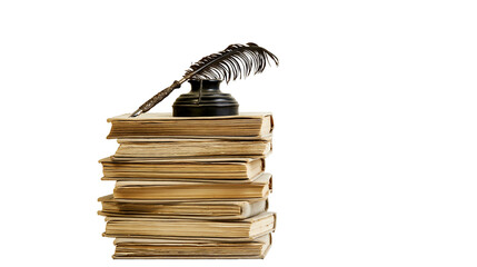 Isolated stack of antique books with a vintage quill pen and inkwell on top © Niamh