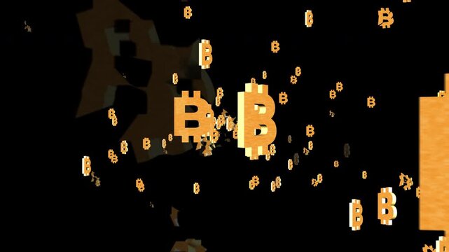 Bitcoin symbols fly cryptocurrency signs crack fracture break. Bitcoin crash, cryptocurrency risk, market volatility, investment losses, digital asset failure and financial instability concepts.