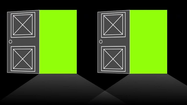 Two doors opening revealing green screen backgrounds with light rays motion graphic overlay, dark minimal interior cinematic perspective creative chroma key background for video editing projects, 4k