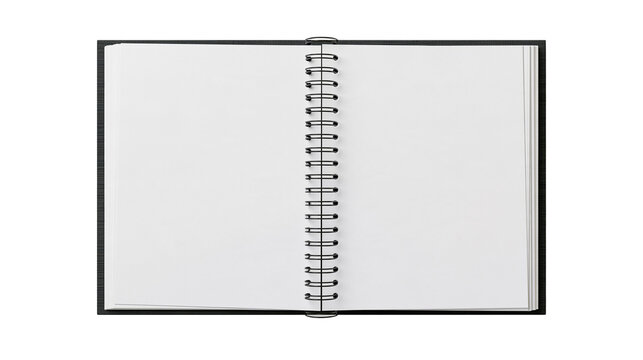 Isolated open blank spiral notebook with clean white pages for notes or drawing space.