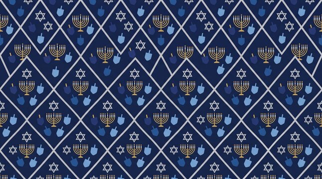 Hanukkah vektor seamless pattern with menorah and dreidel symbols