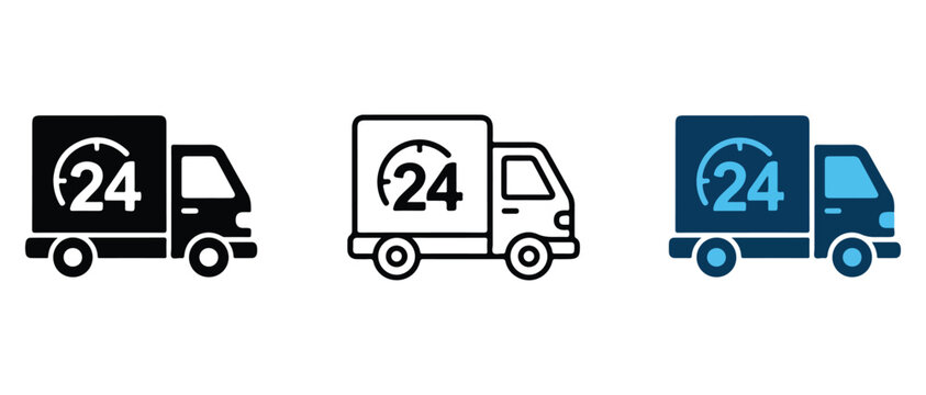 delivery trucks with twenty four hour clock icons representing non stop service and logistics operations