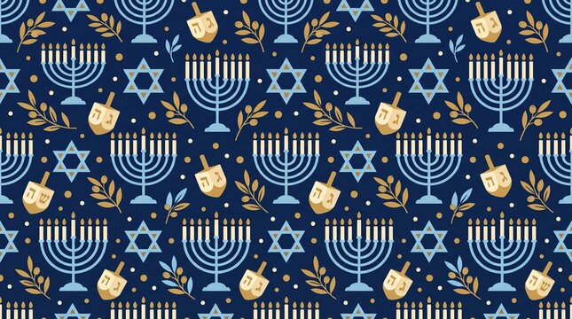 Hanukkah vektor pattern with menorah and dreidel on blue background