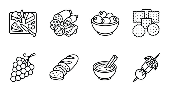 Appetizer line icon set with cheese board, salami, olives, crackers, grapes, bread, dip and skewer for menu and infographic