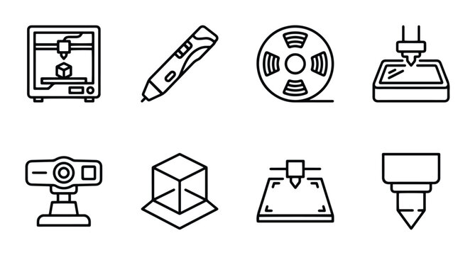 Icons set with 3d printer, 3d pen, filament, cube, and projector for technology and manufacturing