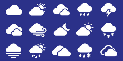 Fototapeta premium A vibrant collection of colorful weather icons illustrating different atmospheric conditions like sunshine rainfall cloudy skies strong winds snowfall and electrical lightning strikes