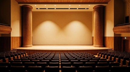 Fototapeta premium Empty auditorium stage with warm spotlight in elegant hall. Wooden columns, luxury interior design. Rows of black seats face grand concert stage. Large lecture hall theater room for music