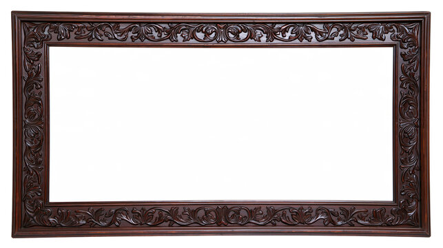 Isolated elaborate dark brown carved wooden picture frame with antique baroque ornamental details