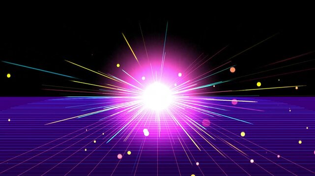 Bright Pink Neon Light Burst over Purple Futuristic Grid Background