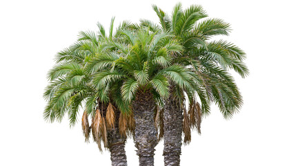 Isolated three tall exotic tropical palm trees with lush green fronds and rugged textured trunks. © Diego
