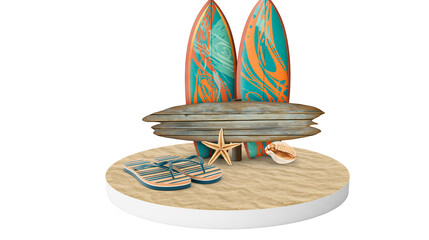 Isolated beach themed setup with vibrant surfboards, rustic wooden sign, flip-flops and seashells © Diego