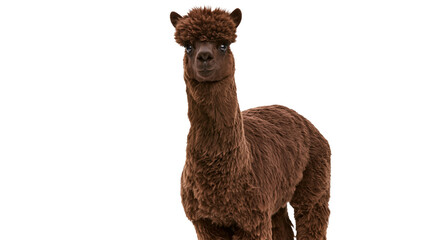 Isolated adorable brown alpaca with thick fluffy fur standing and looking directly at camera © Diego