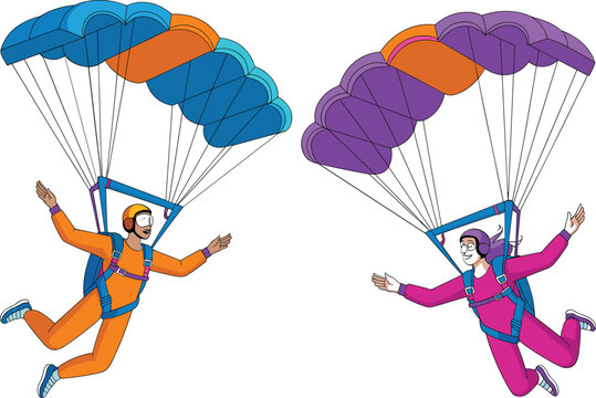 Skydiver couple flying with parachutes, extreme sports skydiving character vector illustration