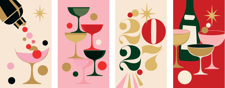 New Year 2027 cocktail party and champagne celebration. Flat mid century drinks posters with bold swash numerals, starbursts and confetti
