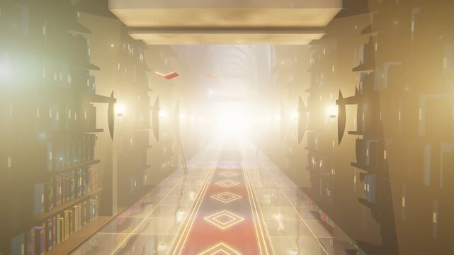 Endless Magic Library Corridor with Floating Books and Glowing Light