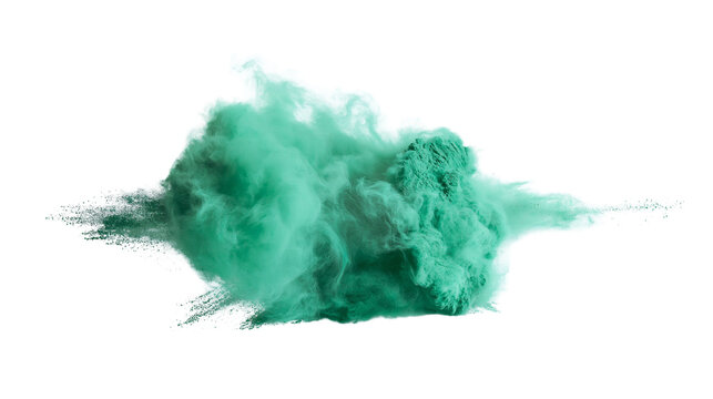 Isolated cloud of exploding teal green powder with fine particles in motion.