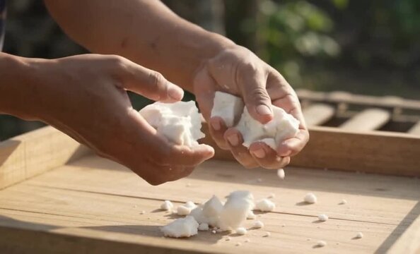 Hand Crumbling Fresh Tapioca Starch Before Sun Drying