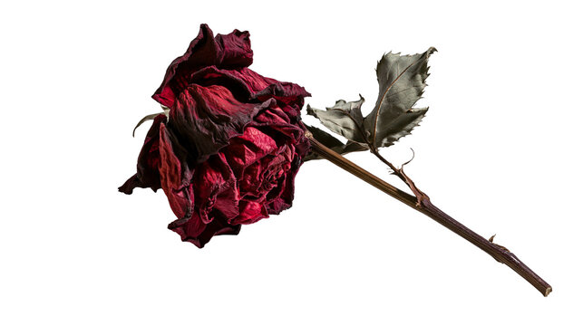 Isolated dark red withered rose with stem and leaf, a symbol of memory and nostalgia.