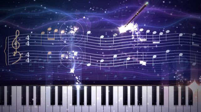 Magical wand drawing musical notes on sheet music above a grand piano keyboard loop
