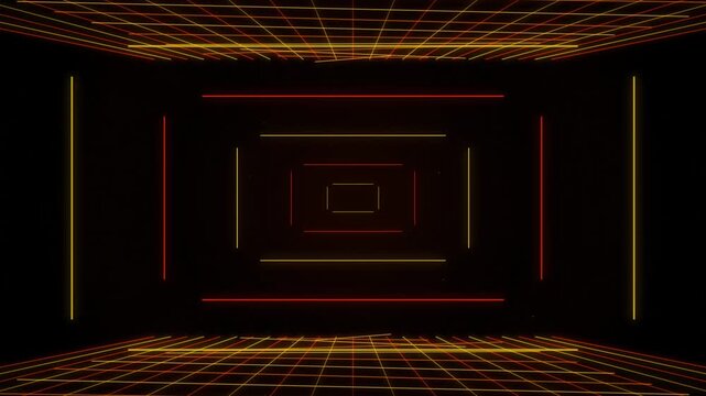 Neon retrowave tunnel with glowing rectangular frames and infinite light grid movement.