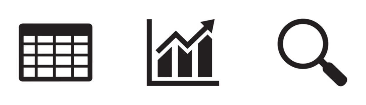 Business analytics icons set with table, graph and magnifying glass for finance and data