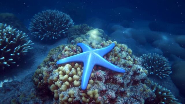 Slow tracking pan of blue starfish resting on coral reef on tropical ocean seabed underwater