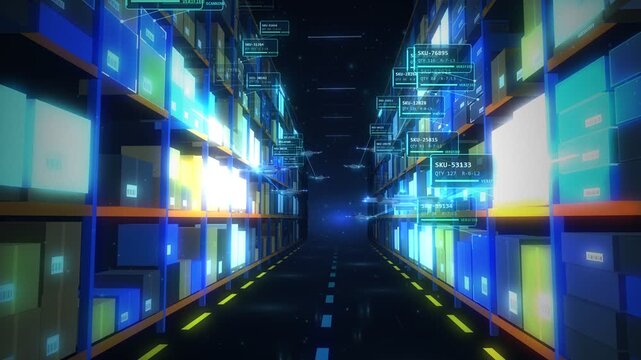 Automated warehouse with flying drones scanning inventory shelves and data hud