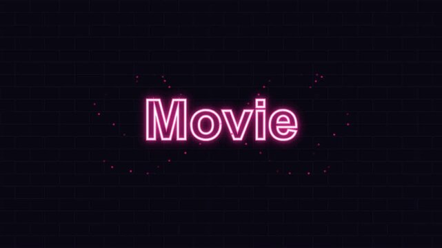 Pink Neon Movie Text Sign with Sparkling Particles on Dark Background