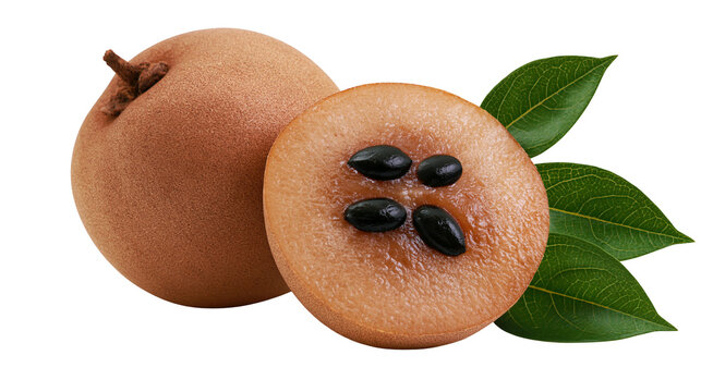 Isolated fresh ripe sapodilla fruit with half cut exposing dark seeds and green leaves.