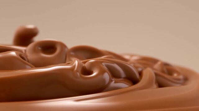Slow motion close up tracking shot of chocolate liquid swirling and folding on neutral tabletop studio background
