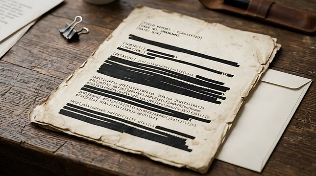 Classified field report document with black redacted text on archival paper