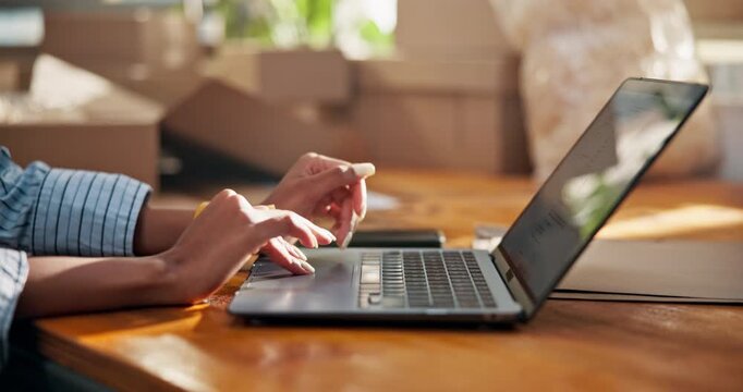 Hands, laptop and typing invoice at desk, supply chain management and shipping info for delivery. Person, tech and writing dropshipping report, business quote or details for courier in storage office