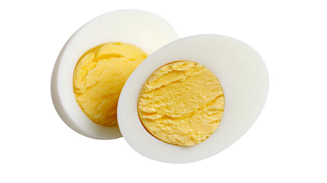 Isolated close-up of two perfect hard-boiled egg halves, delicious and nutritious food