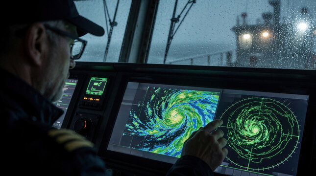 Pro maritime navigator uses digital radar screen to monitor storm weather patterns. Skilled officer analyzes meteorological data on ship bridge during bad weather. Man points at cyclone vortex on