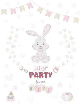 Baby Girl Birthday Party Card. Vertical Invitation with Plush Rabbit Illustration.