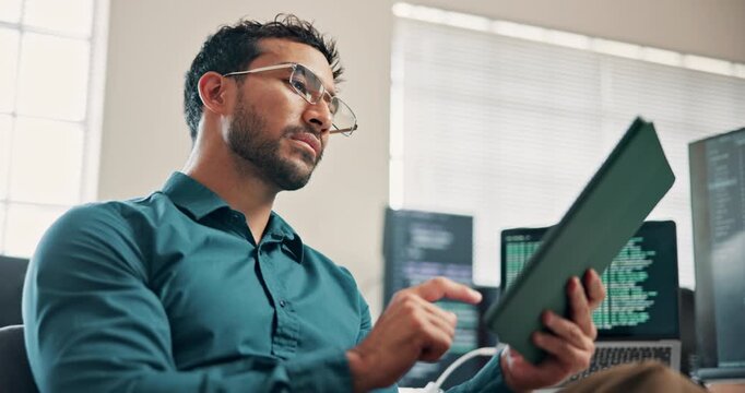 Man, programmer and coding in office with tablet, research and system analysis for cybersecurity. Person, screen or programming in workplace with tech, testing database and script for data protection