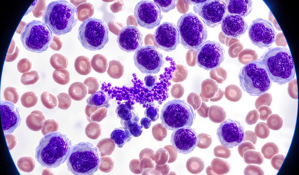 Platelet clumps, WBC and RBC analysed by light microscope. 3D illustration