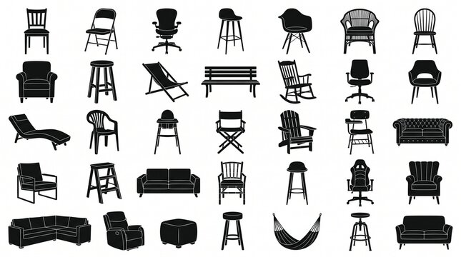 A comprehensive vector grid of black furniture silhouettes, featuring diverse chairs, armchairs, sofas, sectionals, recliners, barstools, and outdoor patio seating, isolated on pure white background. 