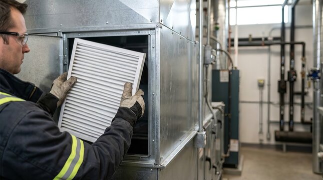 Technician replacing an air filter in a large HVAC system