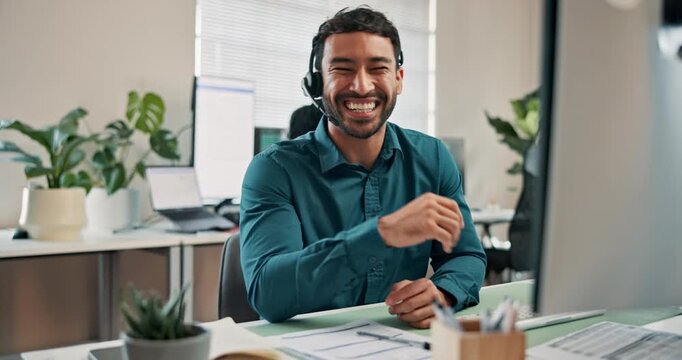 Happy, man and programmer at call center with computer, discussion and crm for technical support. Smile, person and coworking in office with pc, customer service and it assistance for software issues