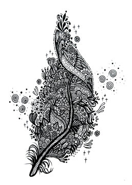 Hand-drawn intricate zentangle feather vector illustration with doodle patterns and bohemian style in black and white