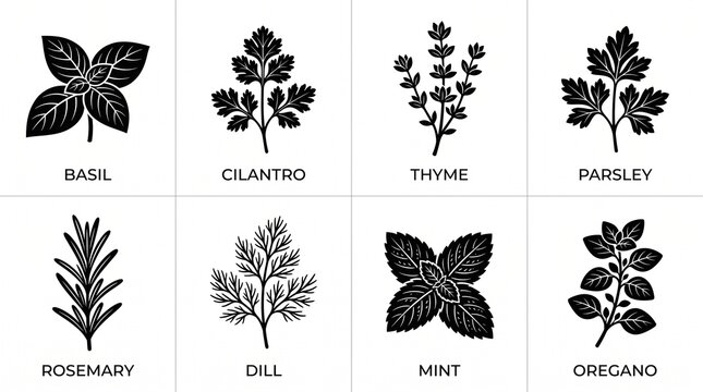A vector grid of eight labeled culinary herbs: basil, cilantro, thyme, parsley, rosemary, dill, mint, and oregano, solid black silhouettes isolated on white background.   